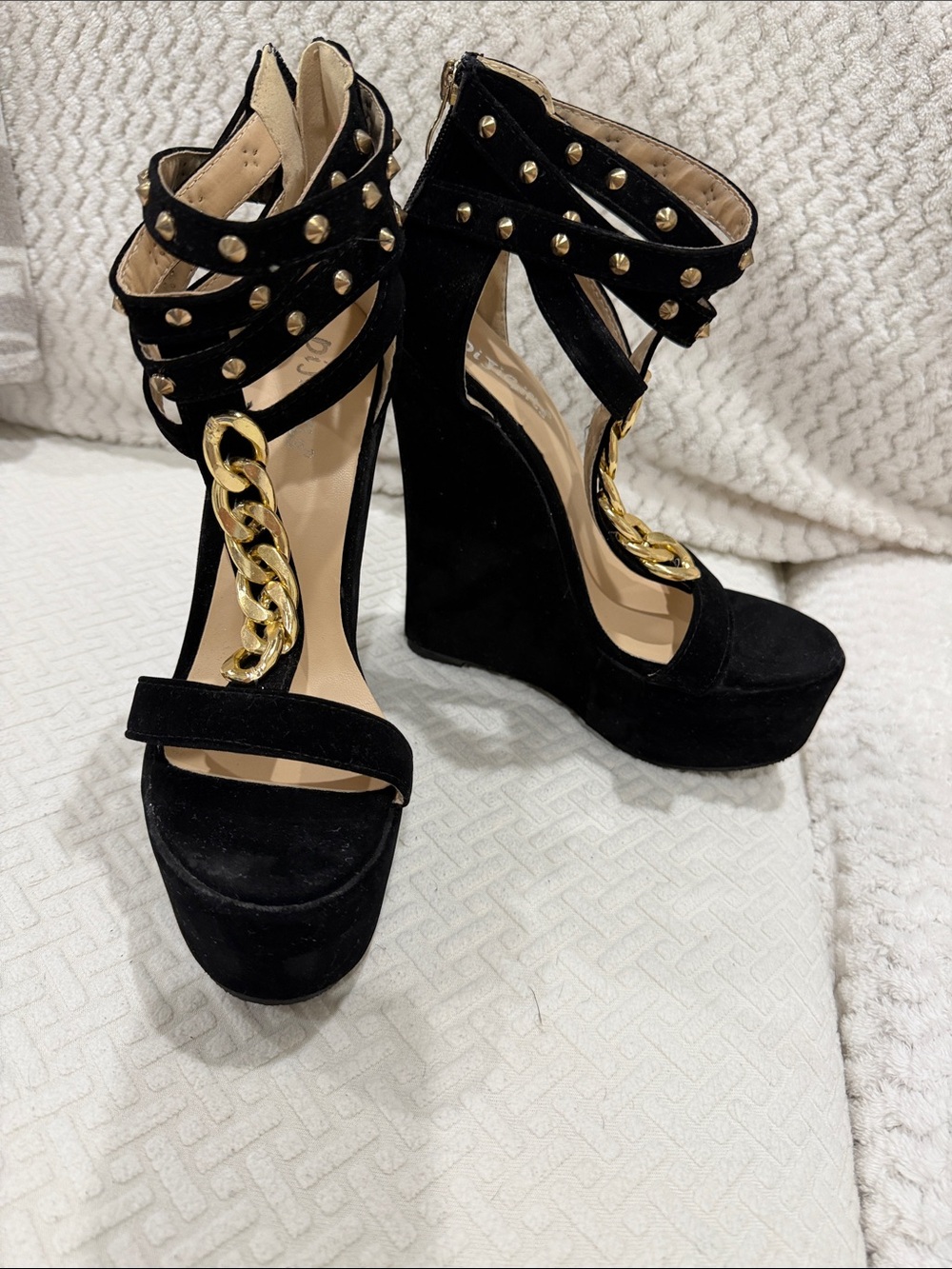 Black Studded Wedge Sandals with Gold Chain Accent